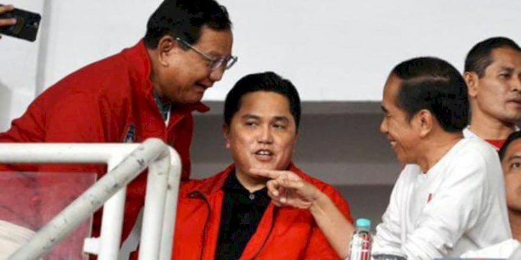 Ketua Umum Partai Gerindra, Prabowo Subianto bersama Menteri BUMN Erick Thohir dan Presiden Joko Widodo/Net