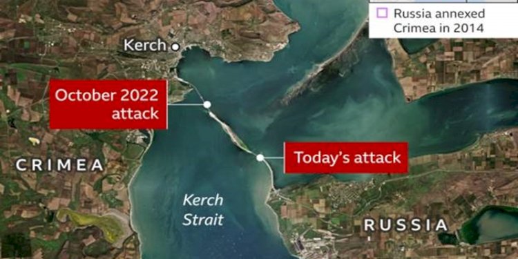 Peta lokasi ledakan di Jembatan Kerch, yang menghubungkan Rusia dengan Krimea/Net