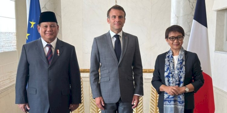 Menteri Pertahanan Prabowo Subianto, Presiden Prancis Emmanuel Macron, Menteri Luar Negeri Retno Marsudi/Ist