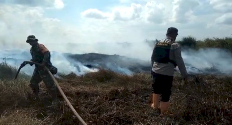 Petugas berupaya memadamkan api di lahan gambut, Kabupaten OKI/ist