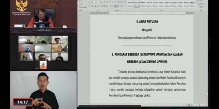 Pembacaan putusan perkara uji materiil norma presidential threshold yang diajukan Partai Buruh kepada Mahkamah Konstitusi (MK), Kamis (14/9)/Repro