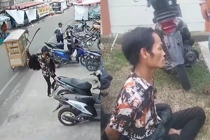 Pelaku Galih saat melakukan penyerangan dengan pedang terhadap juru parkir (kiri). Pelaku Galih saat diringkus polisi (kanan). (ist/rmolsumsel.id) 