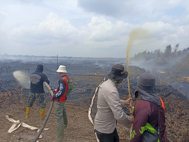 Petugas gabungan melakukan pemadaman api di lahan konsesi Sumatera Agro Mandiri (SAM). (ist/rmolsumsel.id) 