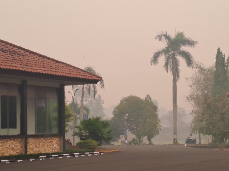 Kabut asap yang menyelimuti kantor Bupati OKI. (Hari Wijaya/RMOLSumsel.id)