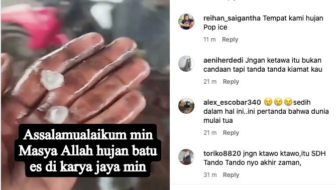 Potongan video terjadi hujan es di Palembang, Sumatera Selatan menyebar di berbagai media sosial /ist