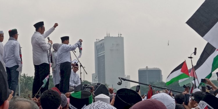 Bakal capres Koalisi Perubahan Anies Baswedan menghadiri Aksi Bela Palestina di silang Monas, Jakarta Pusat, Minggu (5/11)/RMOL
