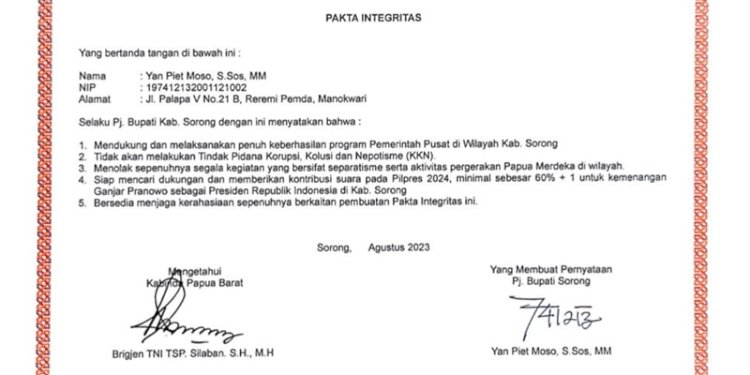 Sebaran Pakta Integritas Pj Bupati Sorong, Yan Piet Mosso/Ist