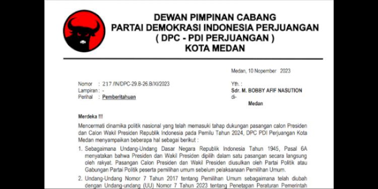 Surat Pemberitahuan dari DPC PDIP Kota Medan kepada Walikota Medan, Bobby Nasution/Repro