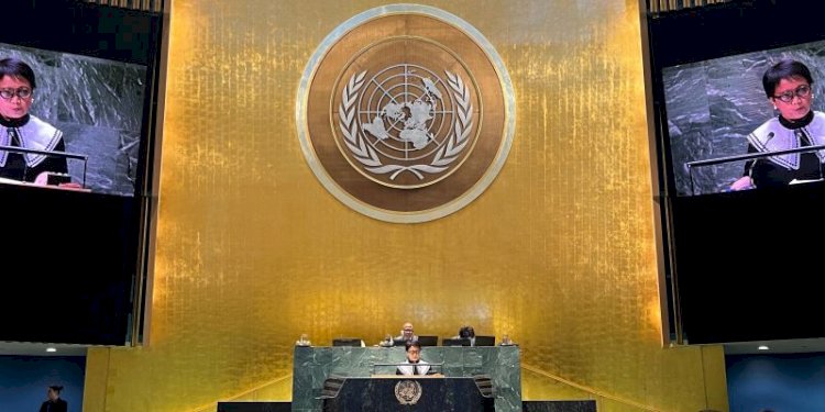 Menteri Luar Negeri RI Retno Marsudi ketika berpidato di Sidang Majelis Umum PBB di Markas Besar PBB, New York, Amerika Serikat pada 28 November 2023/Ist
