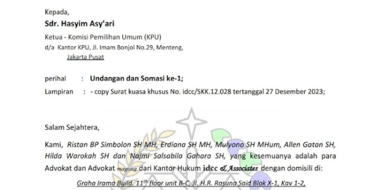 Potongan surat somasi Roy Suryo yang ditujukan untuk Ketua KPU, Hasyim Asyari/Rep