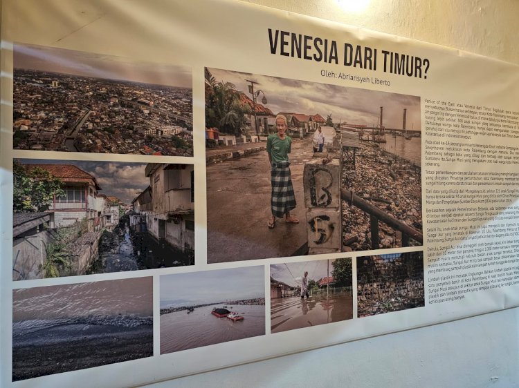 Kolase foto karya pewarta foto Abriansyah Liberto yang menggambarkan bagaimana kondisi Sungai Musi saat ini, yang dipamerkan dalam festival media AJI Palembang, Desember 2023 lalu. (ist/rmolsumsel.id)