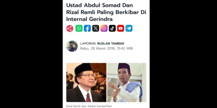 Tangkapan layar berita Kantor Berita Politik RMOL yang tayang pada Rabu, 28 Maret 2018 dengan judul "Ustaz Abdul Somad dan Rizal Ramli Paling Berkibar di Internal Gerindra"/Repro