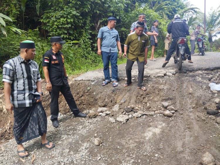  Pj bupati Fauzan Khoiri saat meninjau lokasi jalan longsor di Desa Baturaja Baru. (Salim/RMOLSumsel.id)