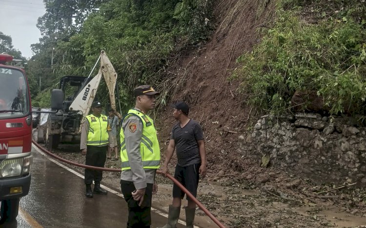 Petugas membersihkan pohon tumbang yang menutupi badan jalan hingga menyebabkan arus lalu lintas  Tanjung Sakti-Mana sempat tersendat. (dok. Warga)