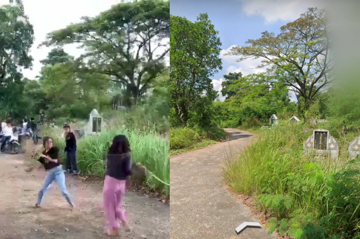 Tangkapan layar video aksi duel dua remaja putri menggunakan senjata tajam di Palembang (kiri). Tangkapan layar google map salah satu lokasi TPU Talang Kerikil Palembang yang diduga jadi lokasi perkelahian (kanan). (rmolsumsel.id)