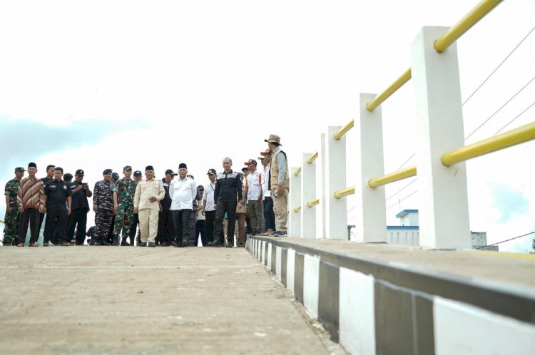 Pj Bupati Muba Apriyadi saat meninjau jembatan yang sudah dibangun di Kecamatan Lalan. (ist/rmolsumsel.id)
