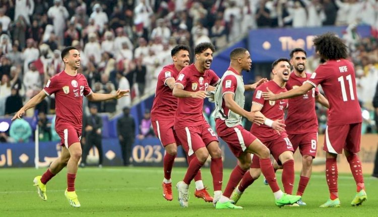 Selebrasi pemain Qatar selepas Akram Afif mencerak gol lewat proses penalti/ist