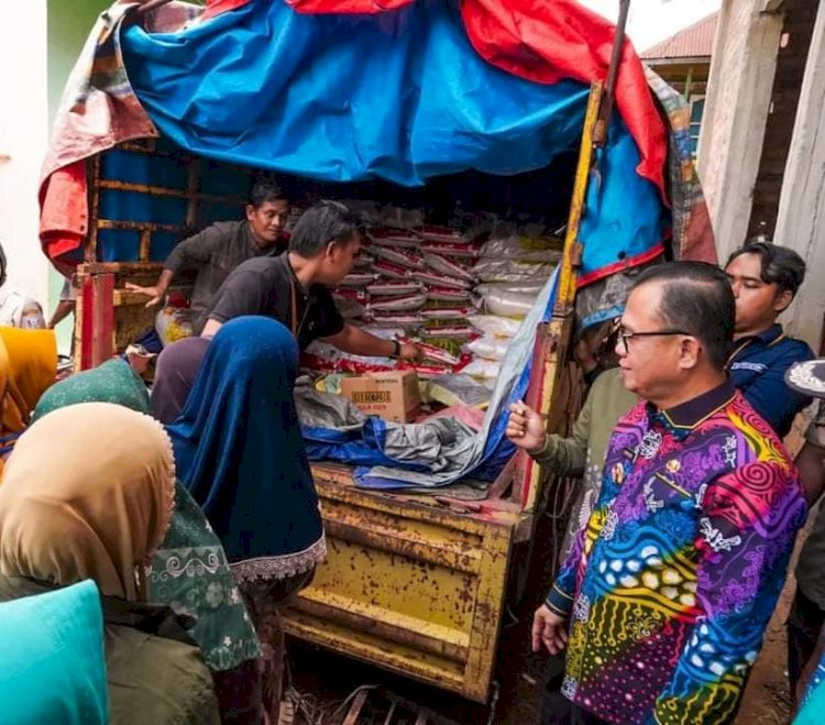 Pj Bupati Banyuasin, Hani Syopiar Rustam saat meninjau Operasi Pasar Murah di Desa Teluk Betung, Kecamatan Pulau Rimau. (ist/rmolsumsel.id) 