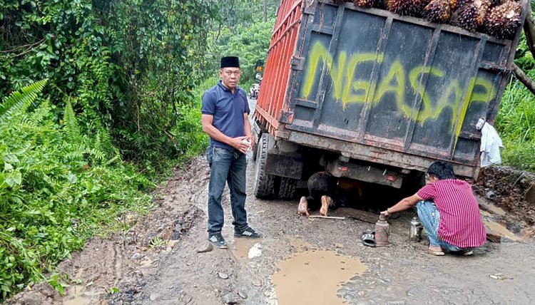 Truk sawit yang terperosok di jalan  kawasan Desa Tanjung Kupang Baru. (Salim/RMOLSumsel.id)