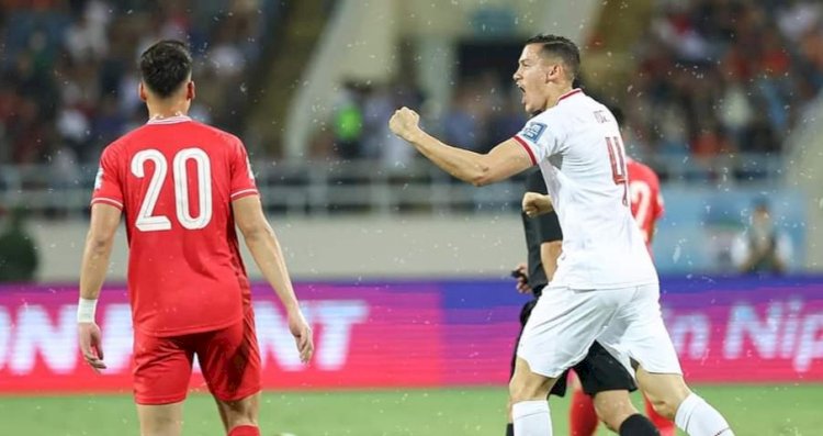 Selbrasi Jay Idzes usai menjebol gawang Vietnam/ist 