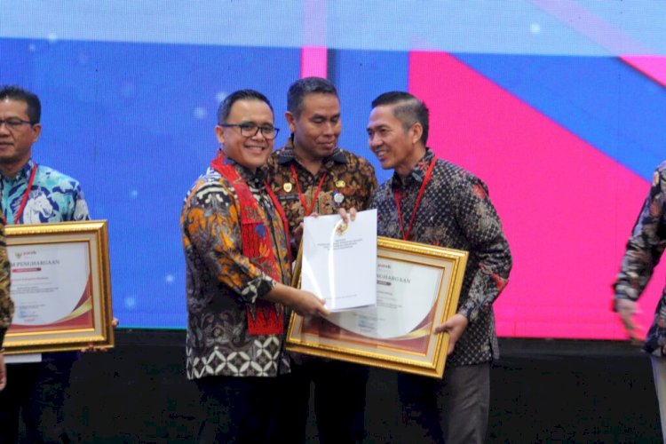 Pj Wali Kota Palembang Ratu Dewa saat mengambil penghargaan/ist