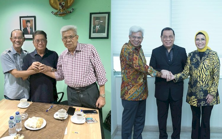 Pasangan Mawardi-Harnojoyo bersama Syahrial Oesman saat deklarasi pasangan Mahar (kiri). Mawardi Yahya-Anisa Hoeringhati bersama tokoh senior Golkar, Kahar Muzakir (kanan). (ist/rmolsumsel.id)  