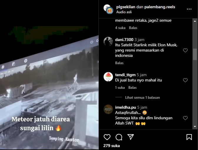 Video rekaman CCTV yang menuliskan merekam jatuhnya benda misterius jatuh dari langit. (Tangkapan Layar Instagram)