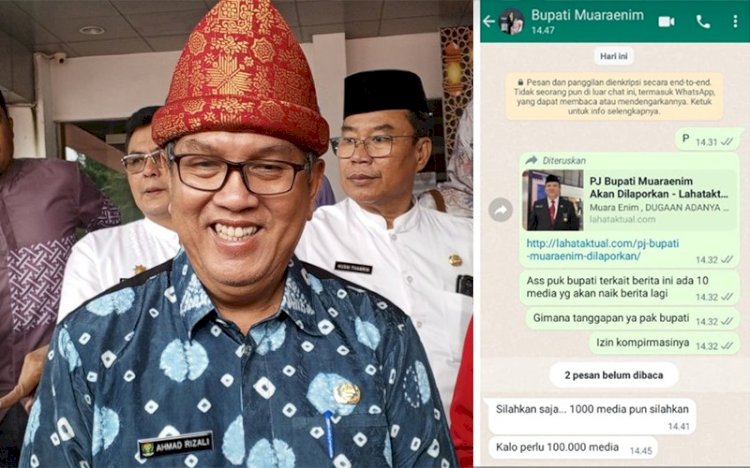 Pj Bupati Muara Enim Ahmad Rizali dan tangkapan layar percakapan WhatsApp dengan nada menantang/kolase