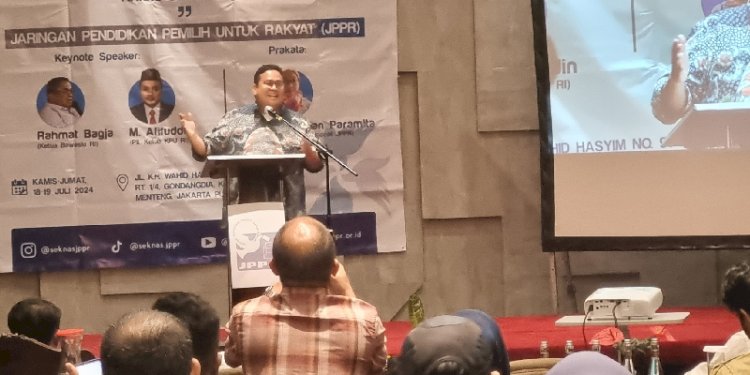 Ketua Bawaslu Rahmat Bagja, saat menyampaikan keynote speech dalam acara Pertemuan Nasional (Pernas) JPPR ke XII, di Hotel Akmani, Jalan KH Wahid Hasyim, Menteng, Jakarta Pusat, Kamis (18/7)/RMOL