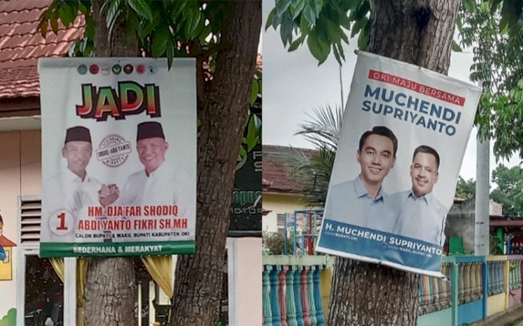 Sejumlah APK yang terpasang di pohon pinggir jalan OKI. (ist/rmolsumsel.id) 
