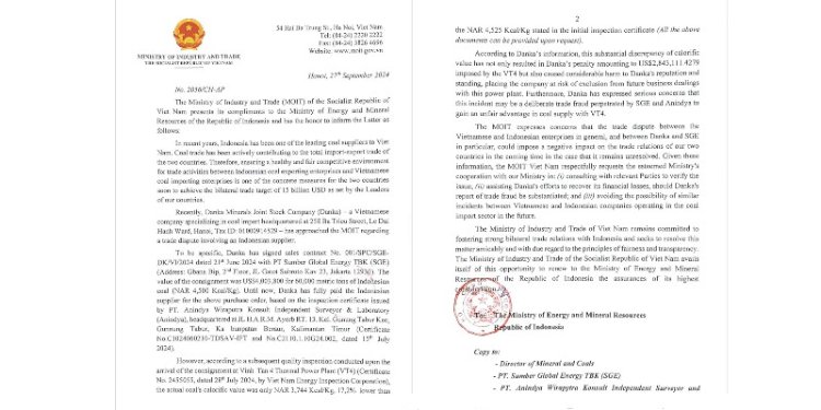 Surat dari Kementerian Industri dan Perdagangan Vietnam/Ist