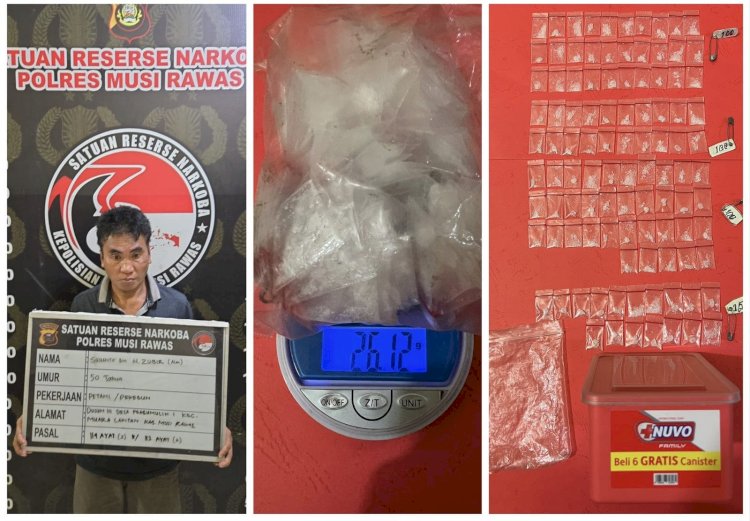 Tersangka Sujianto berikut dengan barang bukti narkotika jenis sabu diamankan di Polres Musi Rawas.(Dokumentasi Polres Musi Rawas)
