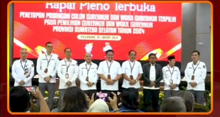 Komisi Pemilihan Umum (KPU) Provinsi Sumatera Selatan (Sumsel) akhirnya menggelar Rapat Pleno Terbuka untuk menetapkan pasangan calon (Paslon) Gubernur dan Wakil Gubernur terpilih periode 2025-2030. Acara tersebut berlangsung di Gedung KPU Sumsel, Jalan Pangeran Ratu, Jakabaring, Palembang, Kamis (9/1).(Handout)