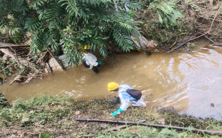 Petugas  tengah melakukan pembersihan pada lokasi sungai yang dialiri minyak kondensat dan sisa minyak sekitaran bibir sungai/Foto: Eko Jurianto