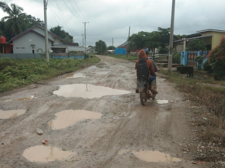 Akses jalan poros di Desa Pauh, Kecamatan Rawas Ilir, Kabupaten Musi Rawas Utara (Muratara), rusak parah dengan lubang besar di dua titik. (Alam/RMOLSumsel.id)