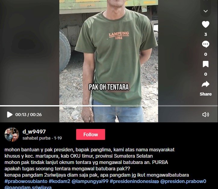 Tangkapan layar video seorang sopir truk yang mengaku dikawal oleh oknum TNI. (Tangkapan Layar Tiktok)