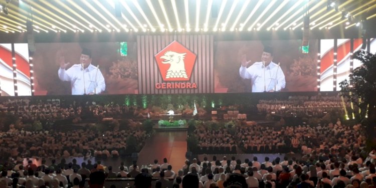 Ketua Dewan Pembina sekaligus Ketua Umum Partai Gerindra Prabowo Subianto berpidato dalam perayaan HUT Partai Gerindra ke-17 di SICC, Sabtu 15 Februari 2025/RMOL