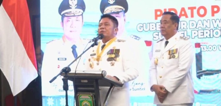 Gubernur Sumsel Herman Deru dan Wakil Gubernur Sumsel saat berpidato di Jakarta usai pelantikan. Foto : Youtube Diskominfo Sumsel