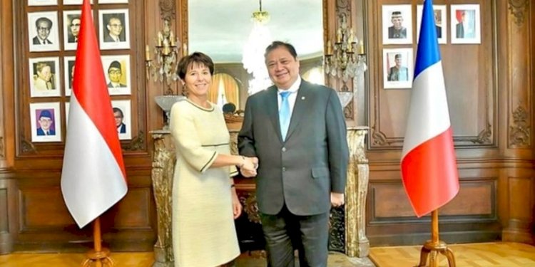 Menteri Koordinator Bidang Perekonomian Airlangga Hartarto bersama CEO Eramet, Christel Bories di kantor KBRI Paris, Selasa, 4 Maret 2025/Ist