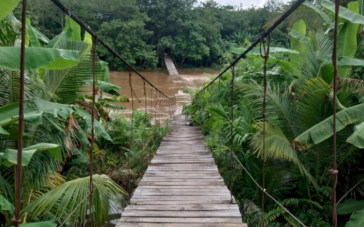 Jembatan Gantung yang berada di Desa Negeri Sakti Kecamantan Cempaka ambruk akibat diterjang banjir/ist