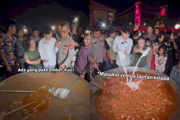 Willie Salim saat acara masak 200 kilogram rendang di pelataran Benteng Kuto Besak/kolase