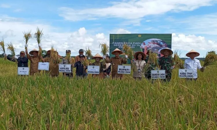 Bupati Muara Enim Edison mengikuti Panen Raya Padi Serentak di 14 Provinsi Bersama Presiden RI Prabowo Subianto secara virtual di hamparan sawah Desa Tanjung Jati/handout