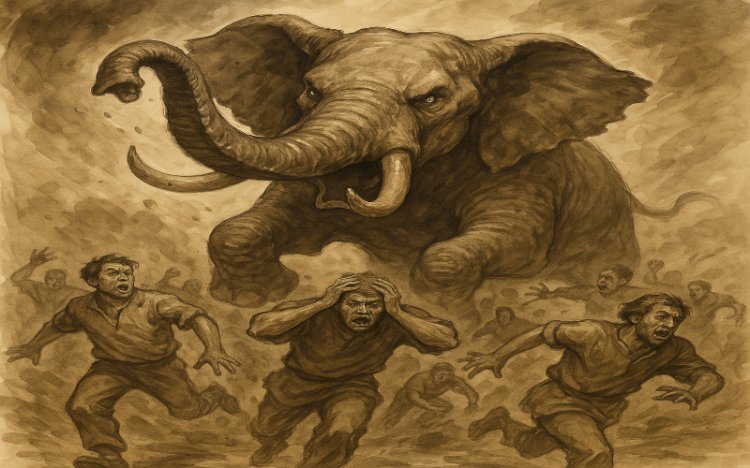 Ilustrasi gajah liar mengamuk. (AI/rmolsumsel.id) 