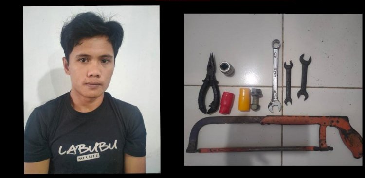 Pelaku berikut dengan barang bukti diamankan di Polsek Rupit.(Dokumentasi Polres Muratara)